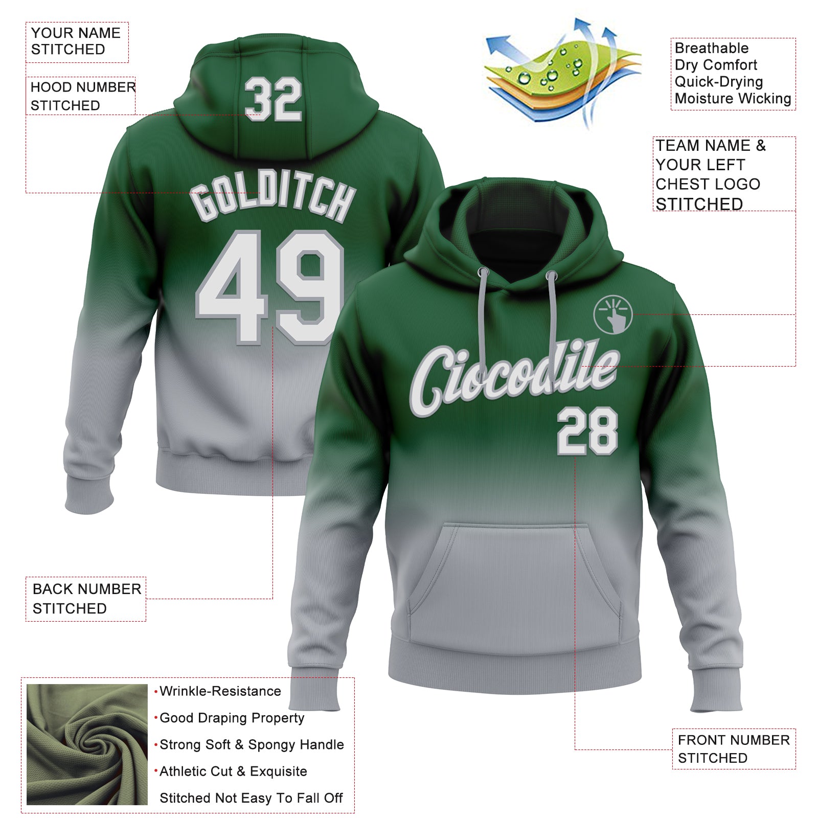 Custom Stitched Green White-Gray Fade Fashion Sports Pullover Sweatshirt Hoodie