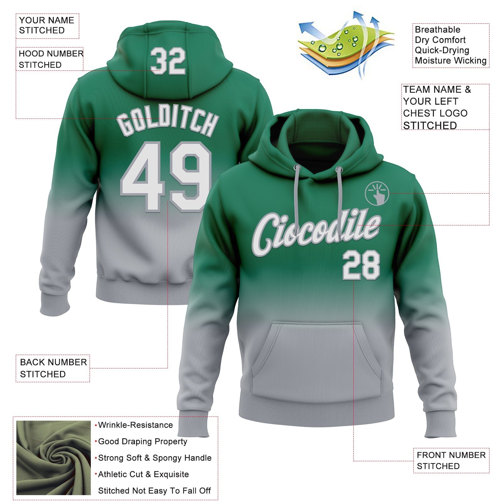 Custom Stitched Kelly Green White-Gray Fade Fashion Sports Pullover Sweatshirt Hoodie