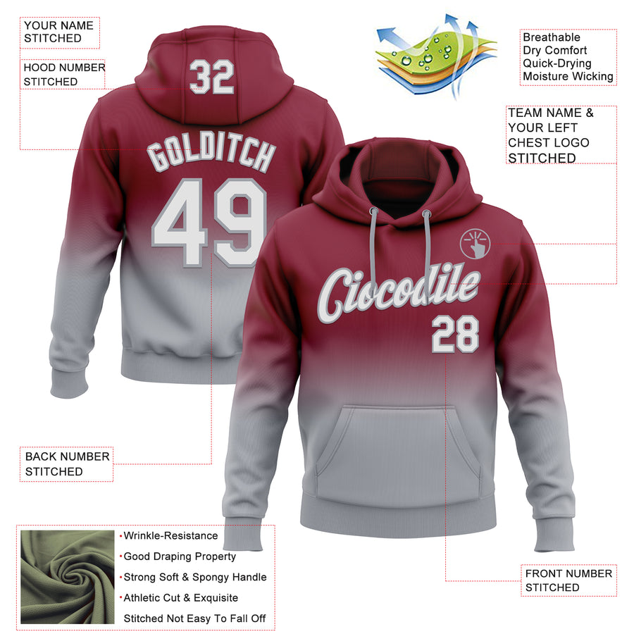 Custom Stitched Crimson White-Gray Fade Fashion Sports Pullover Sweatshirt Hoodie