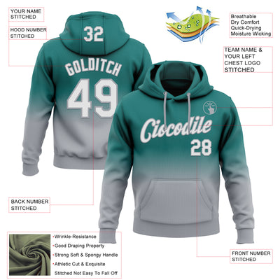 Custom Stitched Teal White-Gray Fade Fashion Sports Pullover Sweatshirt Hoodie