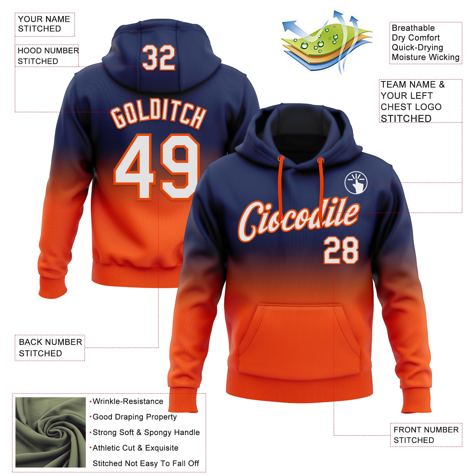 Custom Stitched Navy White-Orange Fade Fashion Sports Pullover Sweatshirt Hoodie