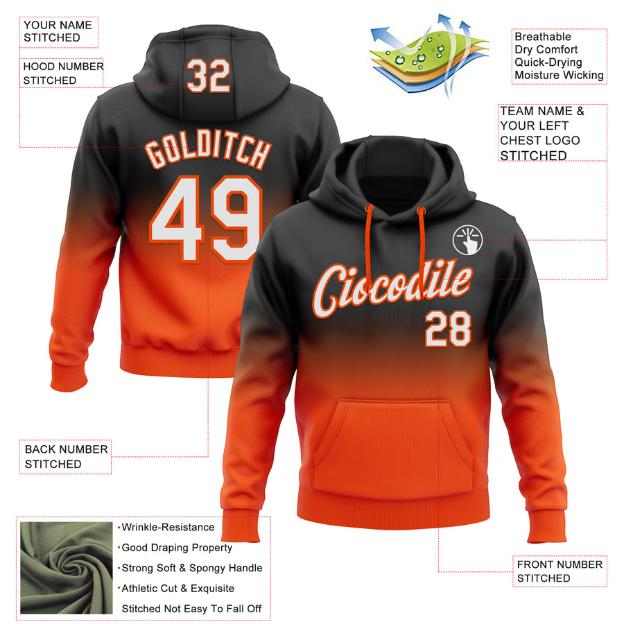 Custom Stitched Black White-Orange Fade Fashion Sports Pullover Sweatshirt Hoodie