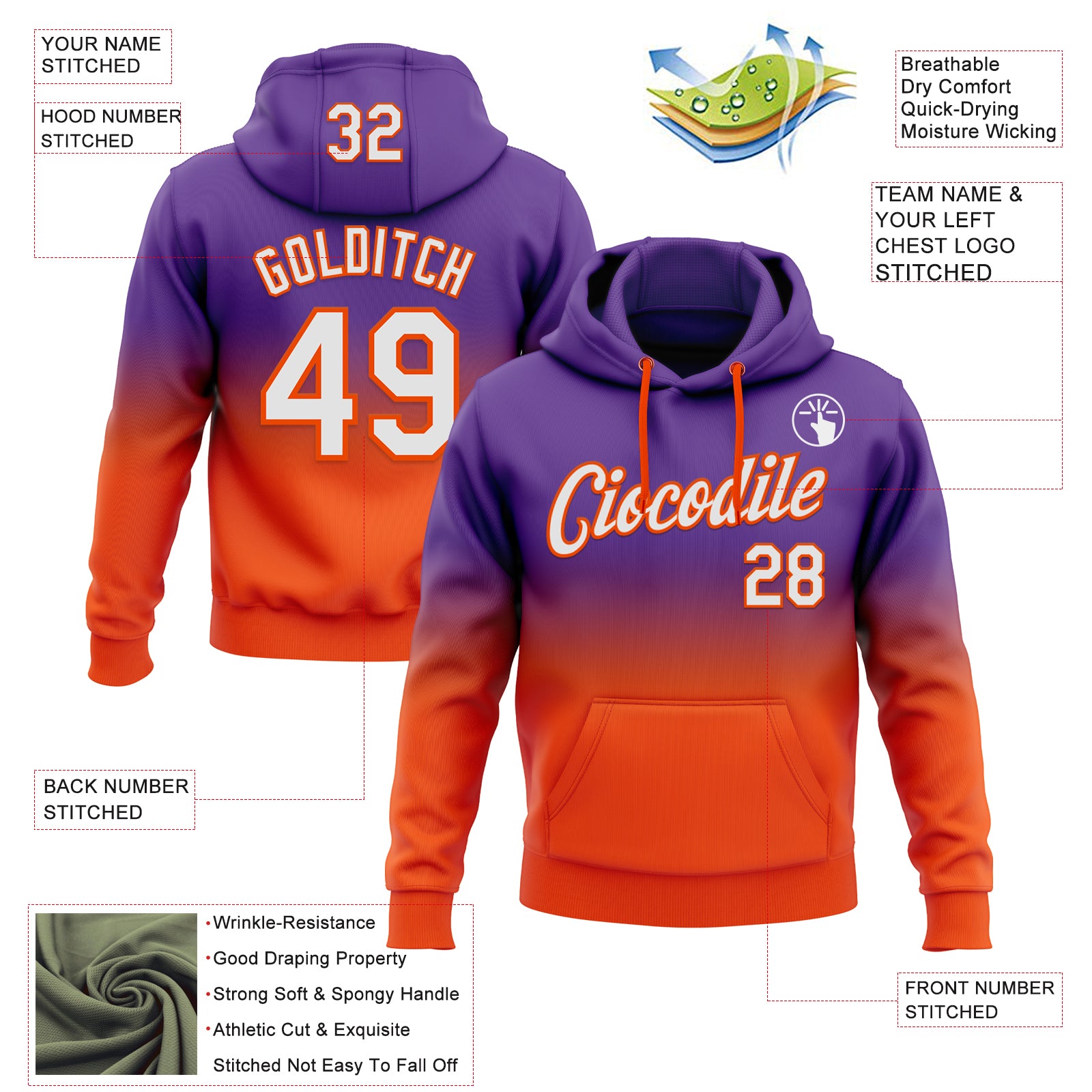 Custom Stitched Purple White-Orange Fade Fashion Sports Pullover Sweatshirt Hoodie
