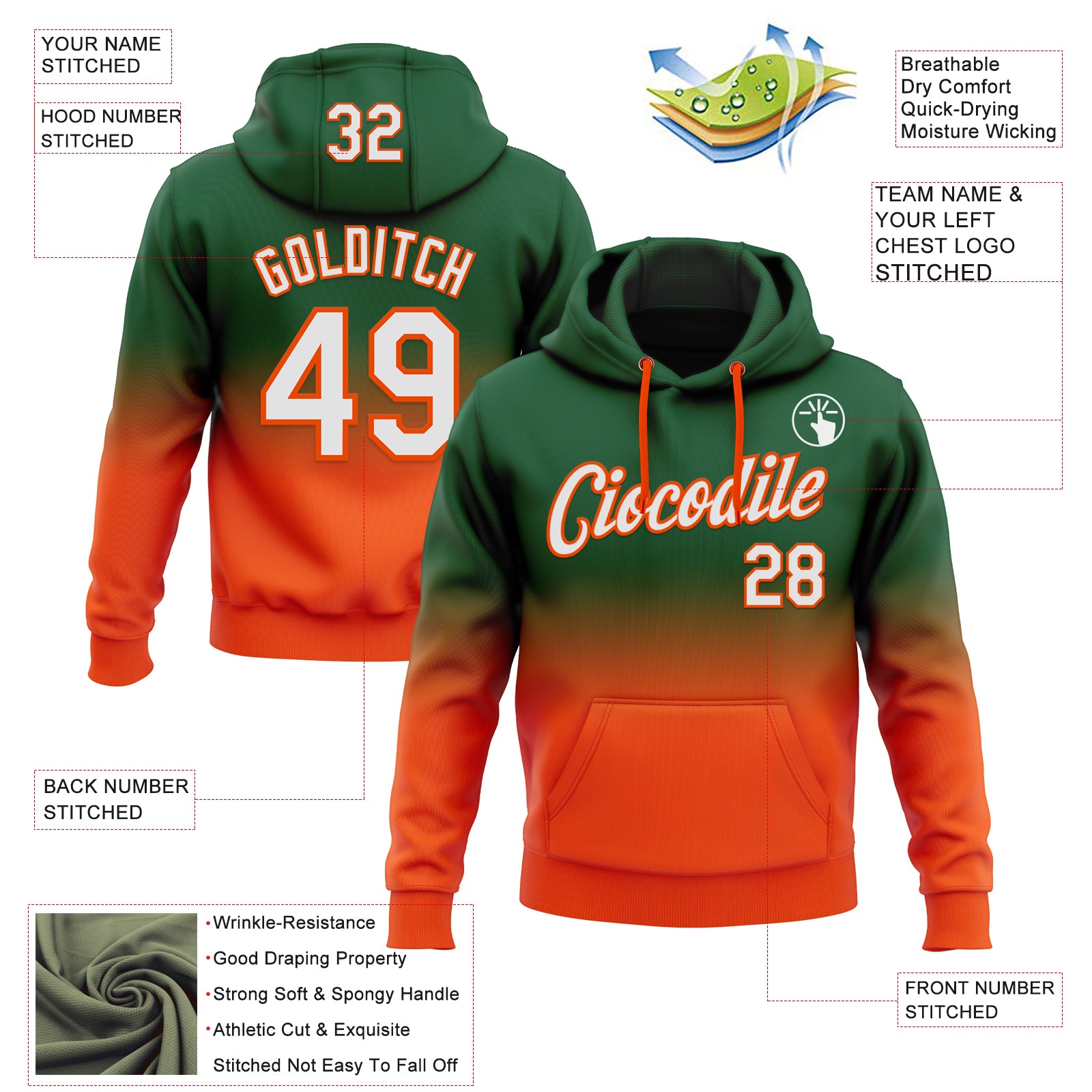 Custom Stitched Green White-Orange Fade Fashion Sports Pullover Sweatshirt Hoodie