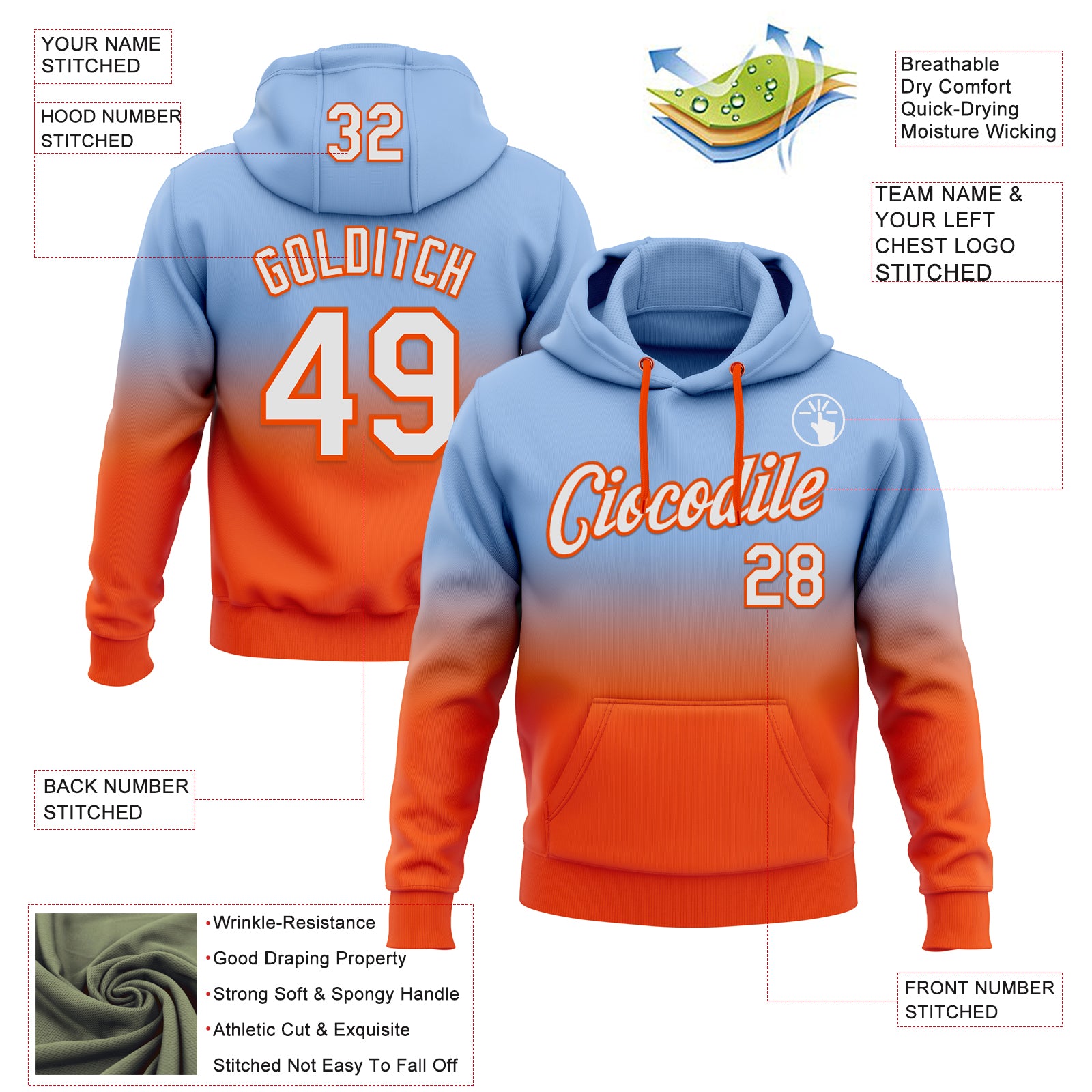 Custom Stitched Light Blue White-Orange Fade Fashion Sports Pullover Sweatshirt Hoodie