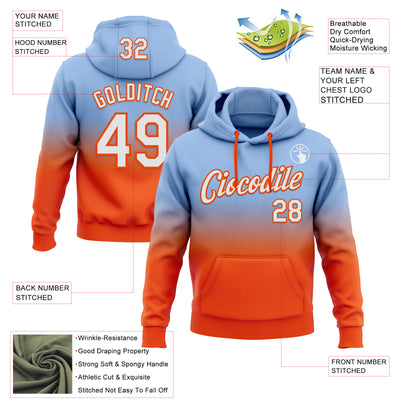 Custom Stitched Light Blue White-Orange Fade Fashion Sports Pullover Sweatshirt Hoodie