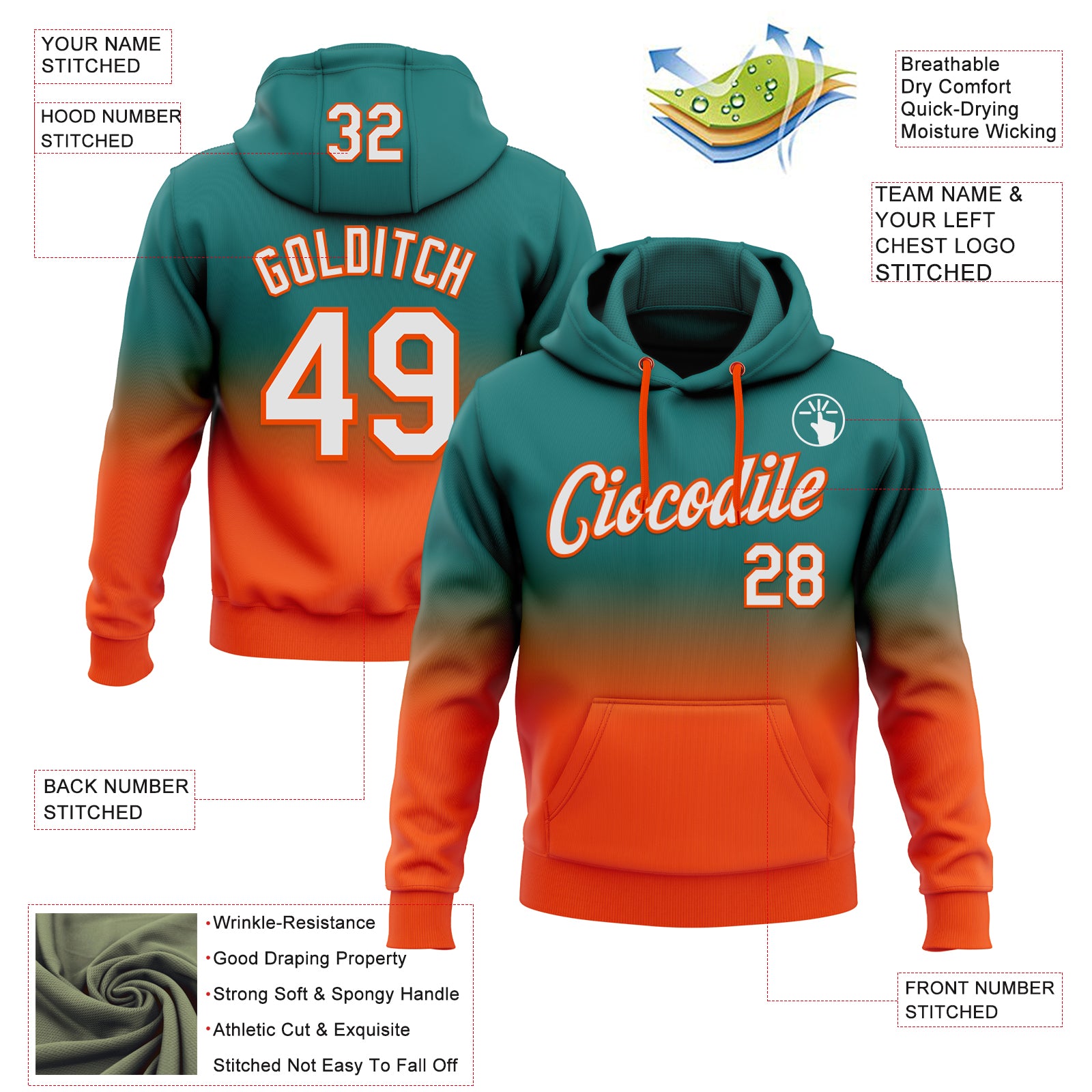 Custom Stitched Teal White-Orange Fade Fashion Sports Pullover Sweatshirt Hoodie