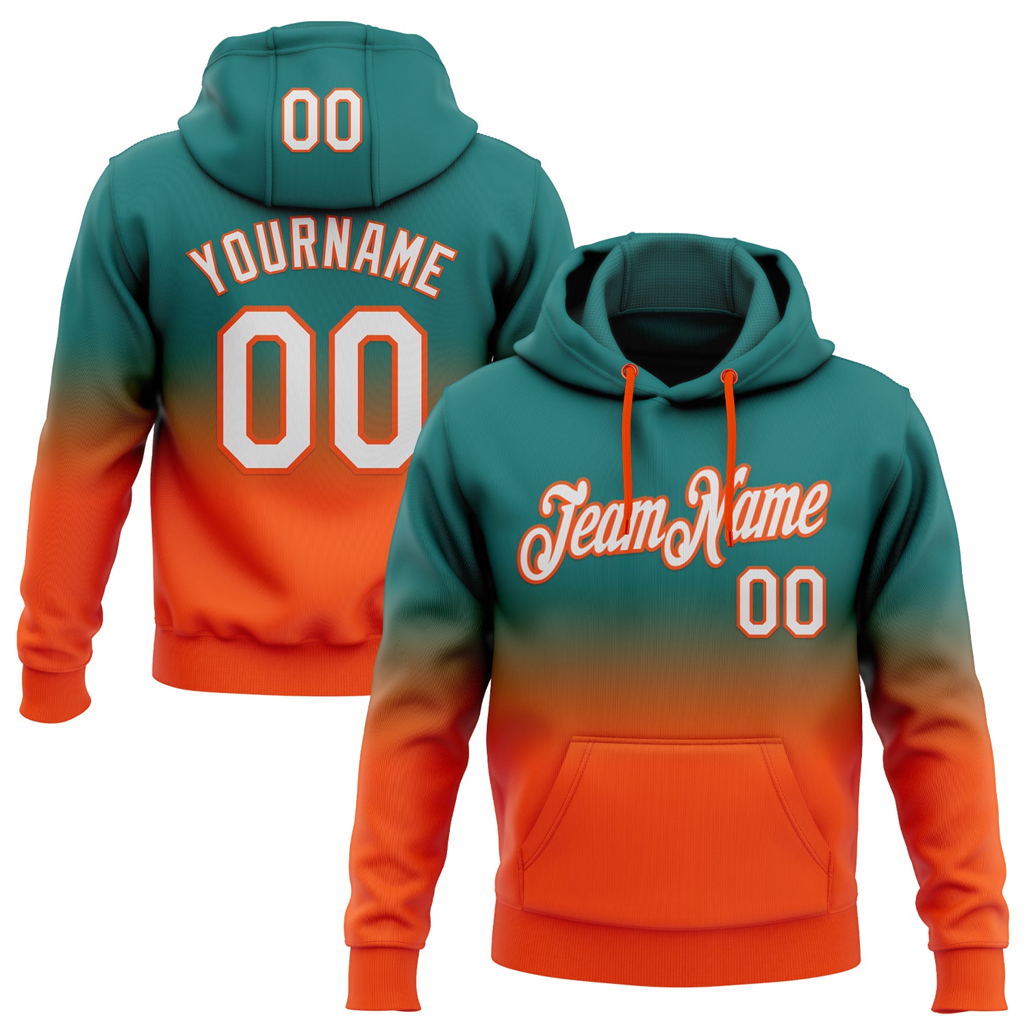 Custom Stitched Teal White-Orange Fade Fashion Sports Pullover Sweatshirt Hoodie
