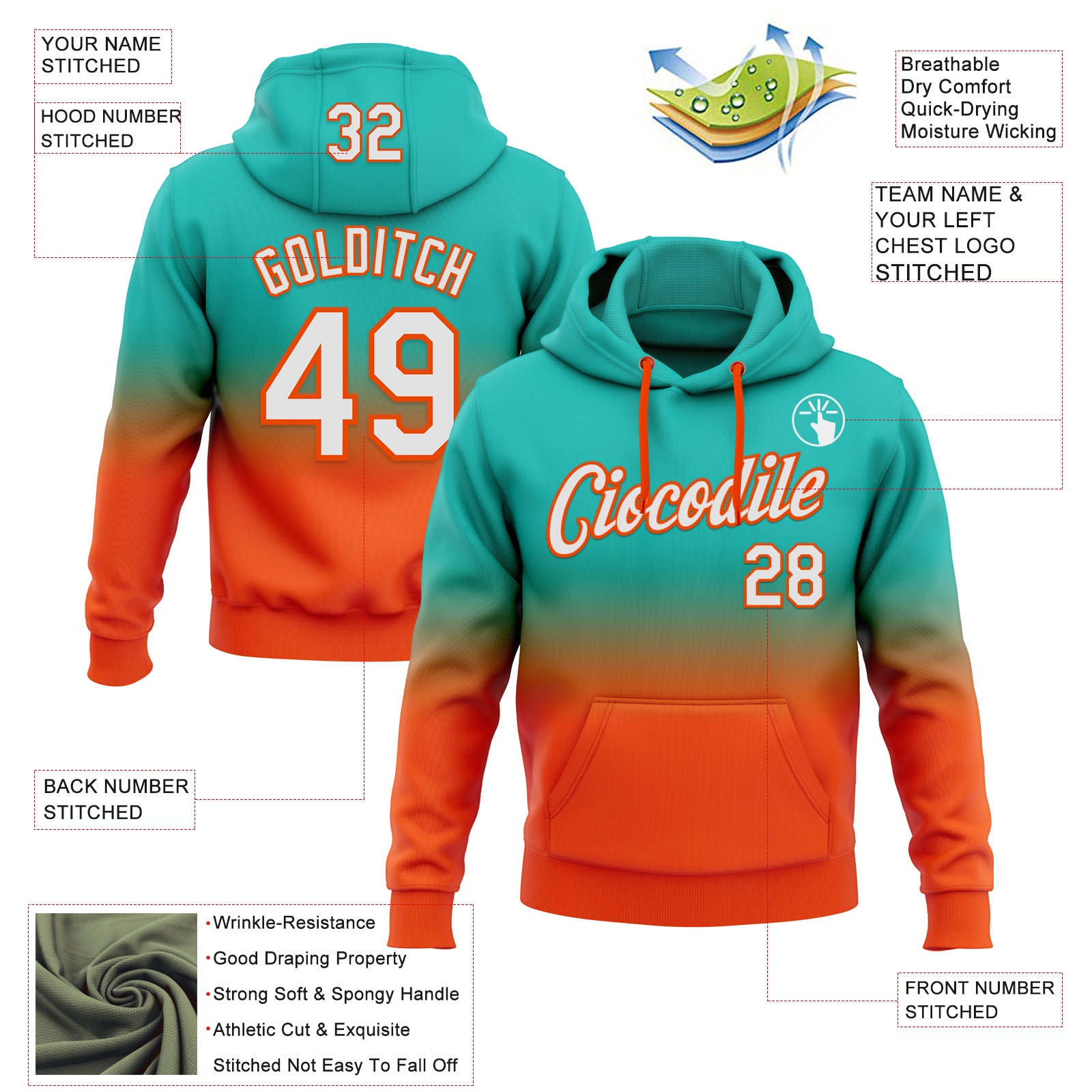 Custom Stitched Aqua White-Orange Fade Fashion Sports Pullover Sweatshirt Hoodie