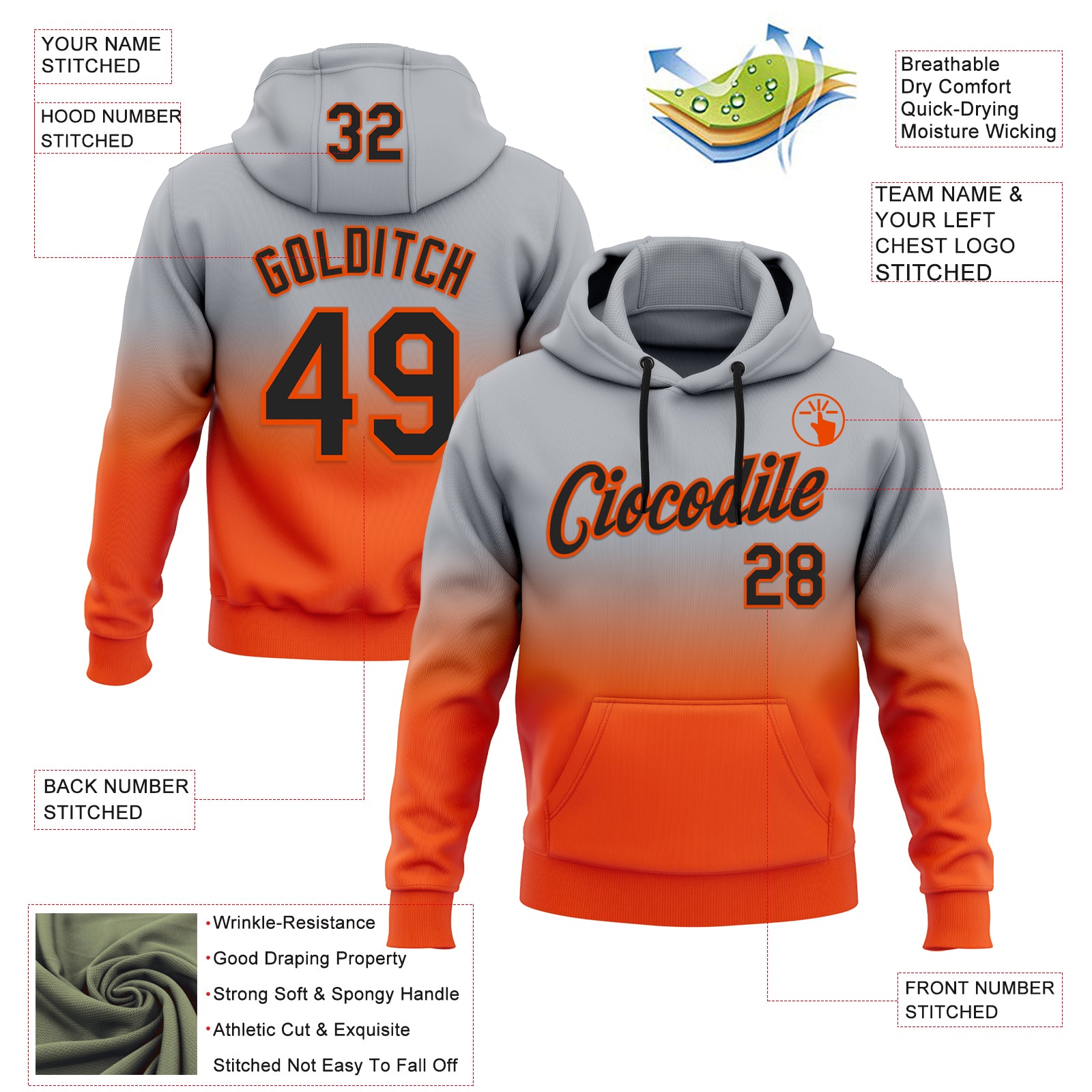 Custom Stitched Gray Black-Orange Fade Fashion Sports Pullover Sweatshirt Hoodie