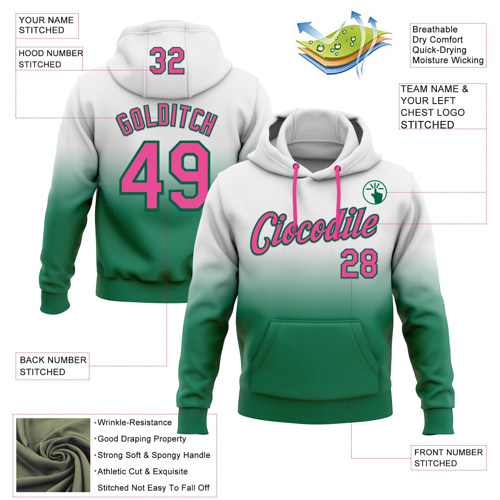 Custom Stitched White Pink-Kelly Green Fade Fashion Sports Pullover Sweatshirt Hoodie