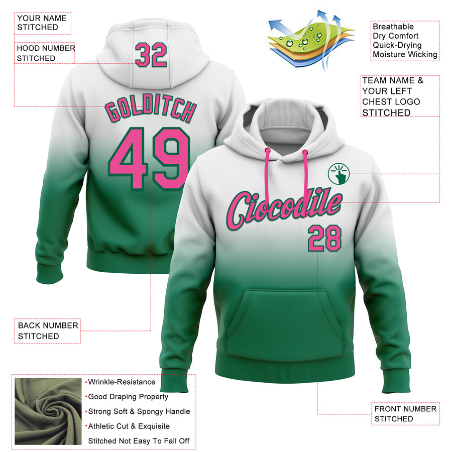 Custom Stitched White Pink-Kelly Green Fade Fashion Sports Pullover Sweatshirt Hoodie