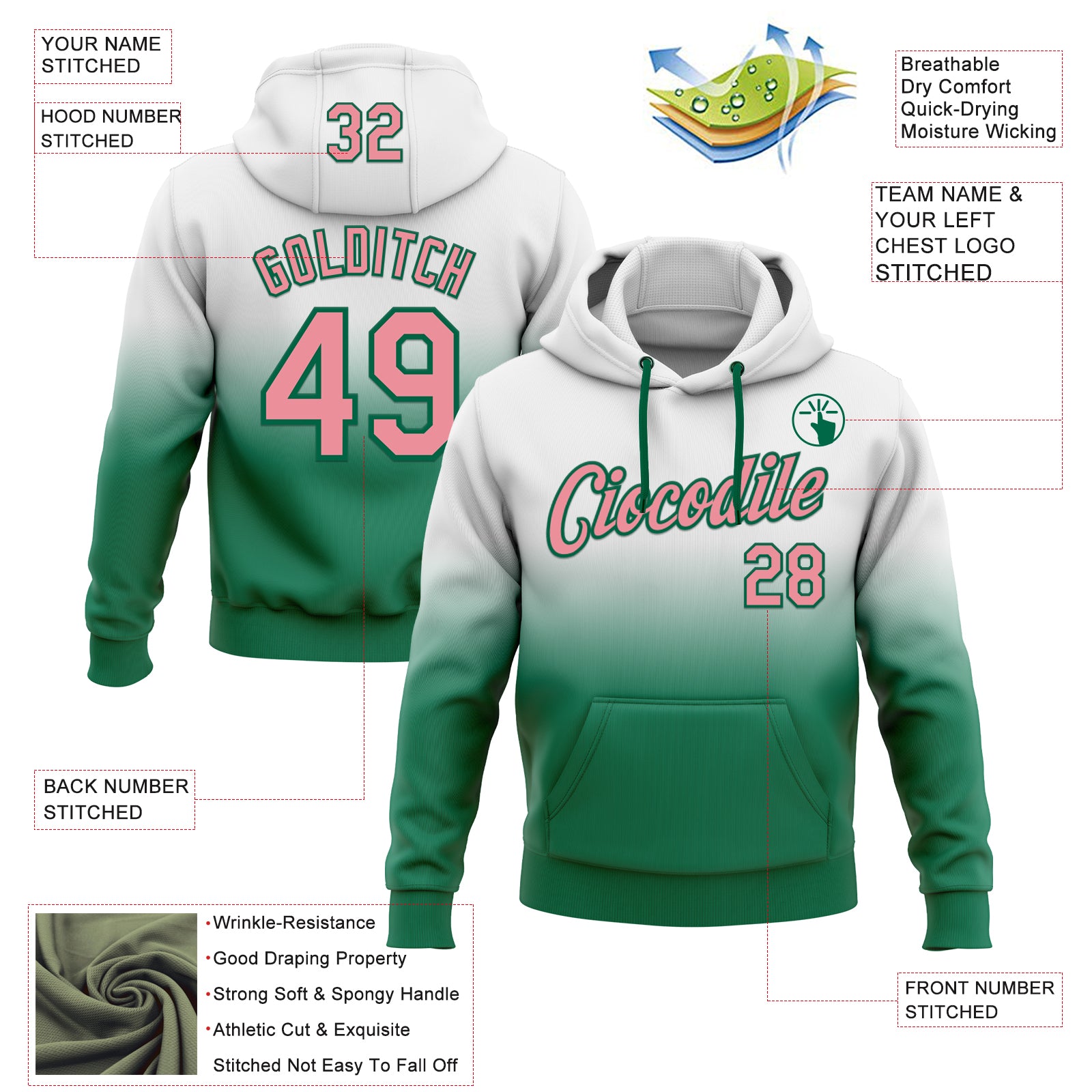 Custom Stitched White Medium Pink-Kelly Green Fade Fashion Sports Pullover Sweatshirt Hoodie