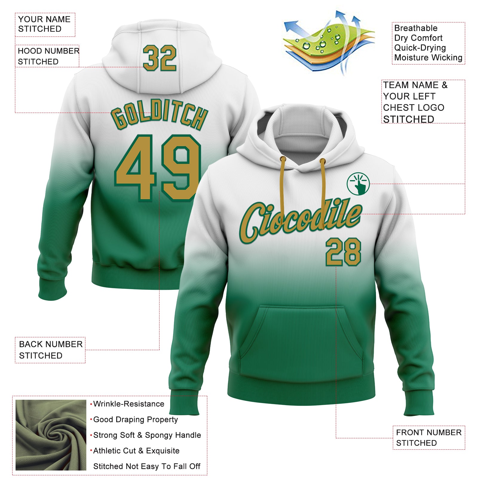 Custom Stitched White Old Gold-Kelly Green Fade Fashion Sports Pullover Sweatshirt Hoodie