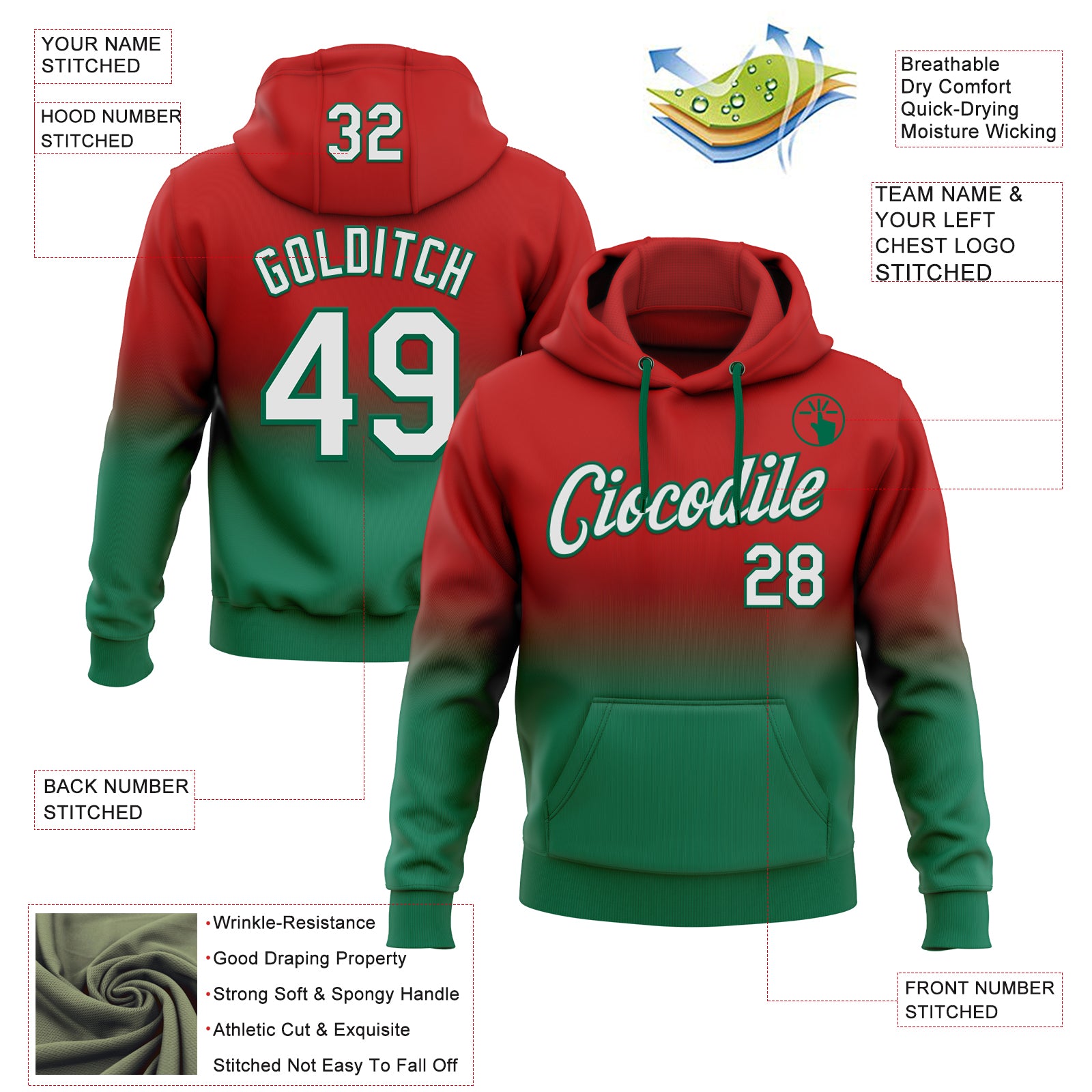Custom Stitched Red White-Kelly Green Fade Fashion Sports Pullover Sweatshirt Hoodie