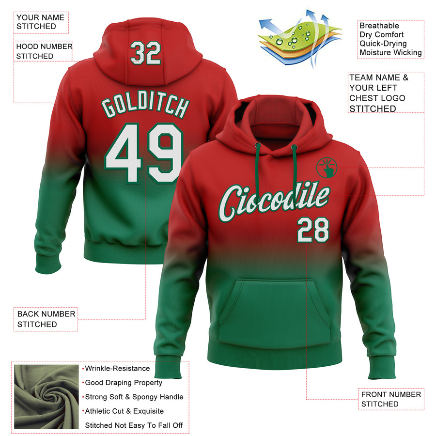Custom Stitched Red White-Kelly Green Fade Fashion Sports Pullover Sweatshirt Hoodie