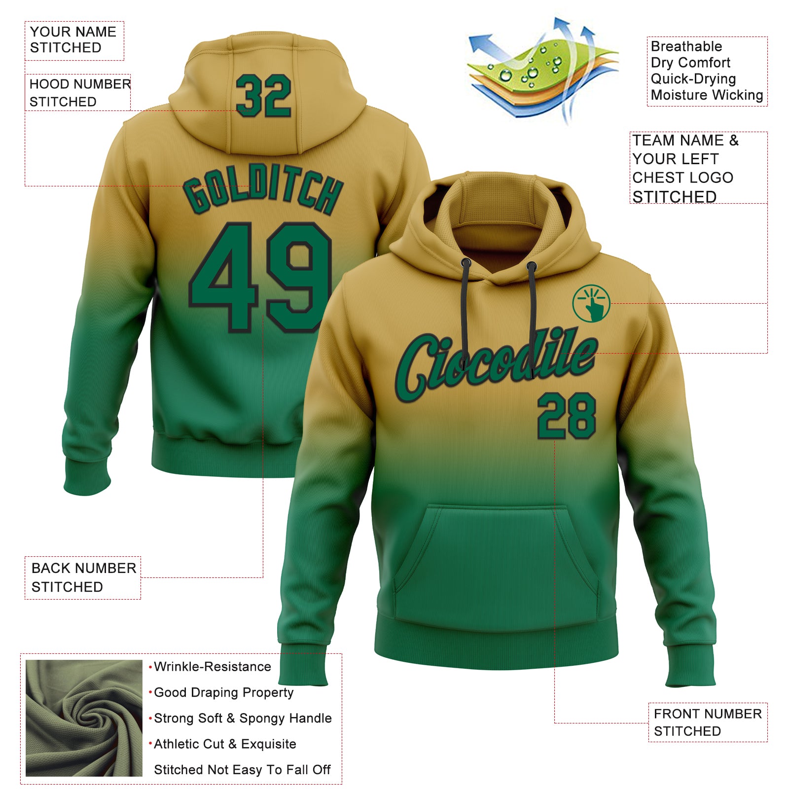 Custom Stitched Old Gold Kelly Green-Black Fade Fashion Sports Pullover Sweatshirt Hoodie