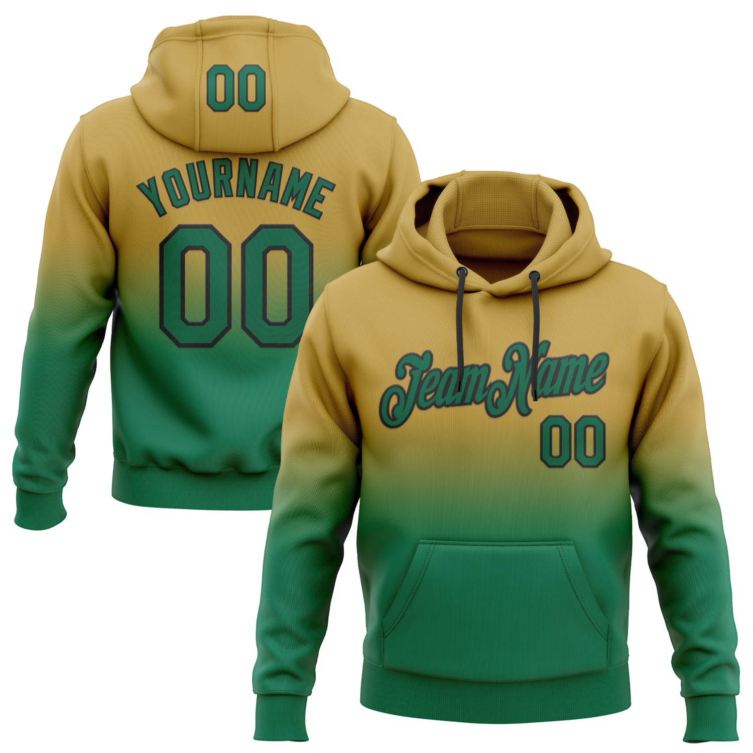 Custom Stitched Old Gold Kelly Green-Black Fade Fashion Sports Pullover Sweatshirt Hoodie
