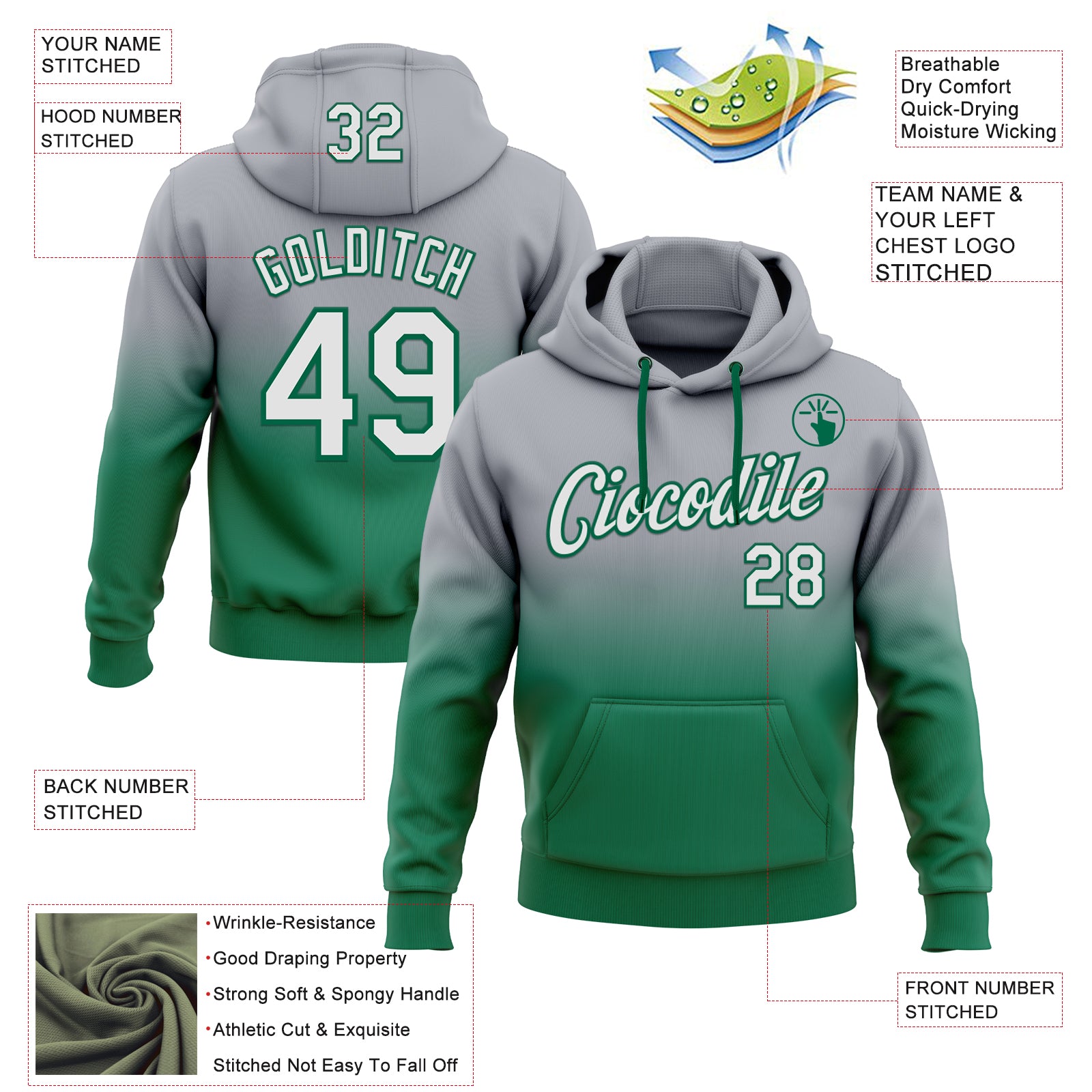 Custom Stitched Gray White-Kelly Green Fade Fashion Sports Pullover Sweatshirt Hoodie