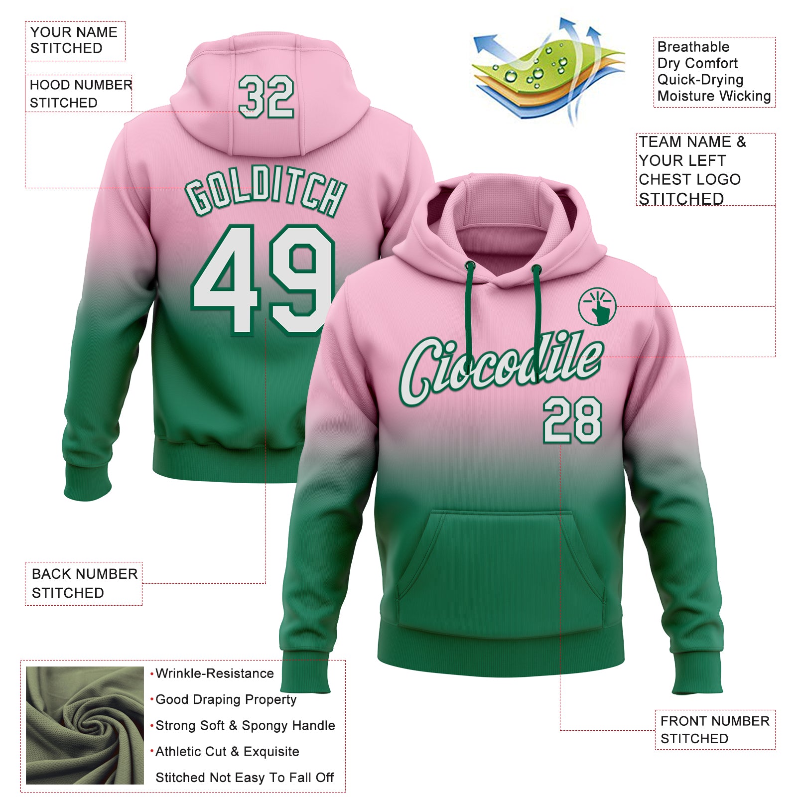 Custom Stitched Light Pink White-Kelly Green Fade Fashion Sports Pullover Sweatshirt Hoodie