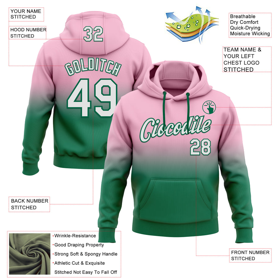 Custom Stitched Light Pink White-Kelly Green Fade Fashion Sports Pullover Sweatshirt Hoodie