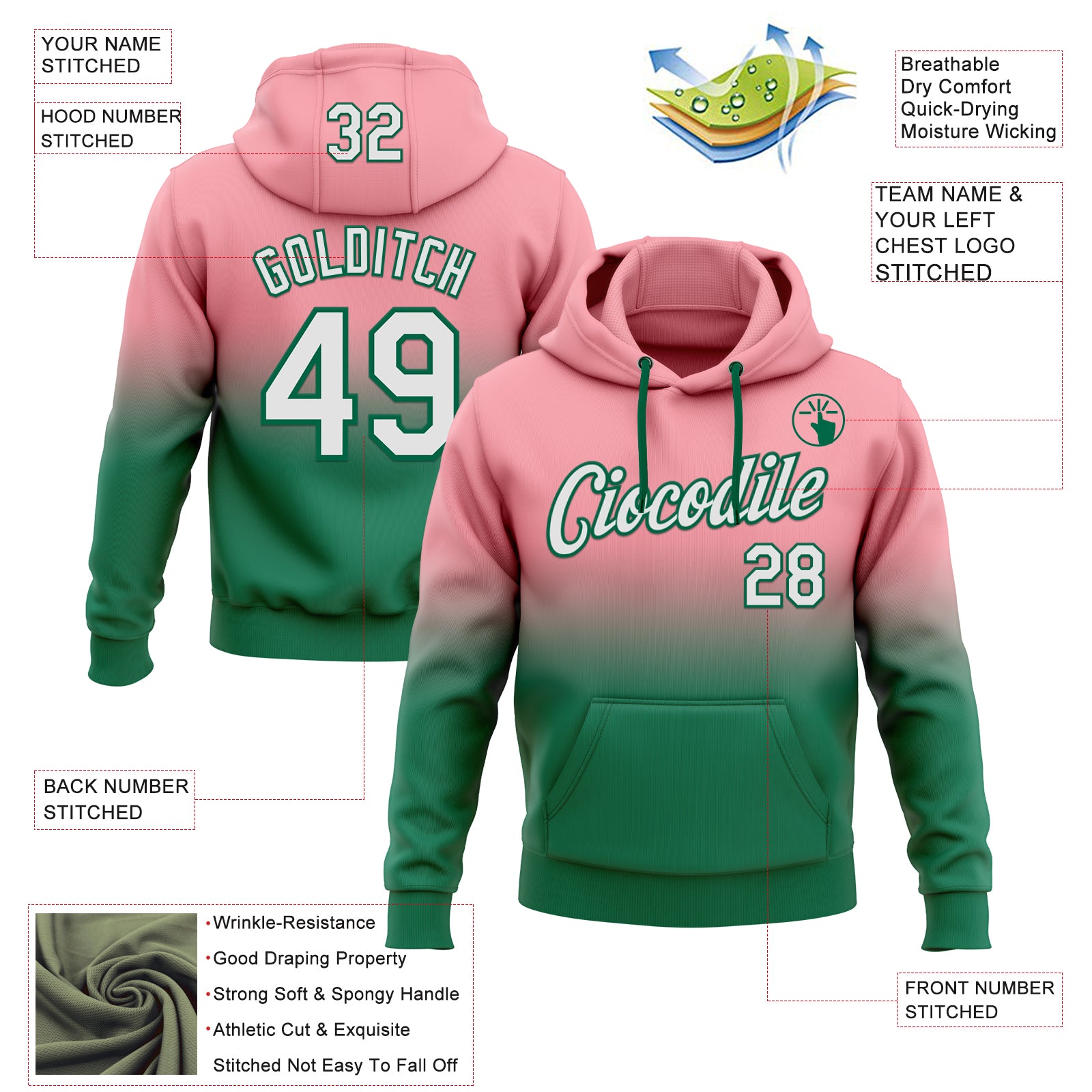 Custom Stitched Medium Pink White-Kelly Green Fade Fashion Sports Pullover Sweatshirt Hoodie