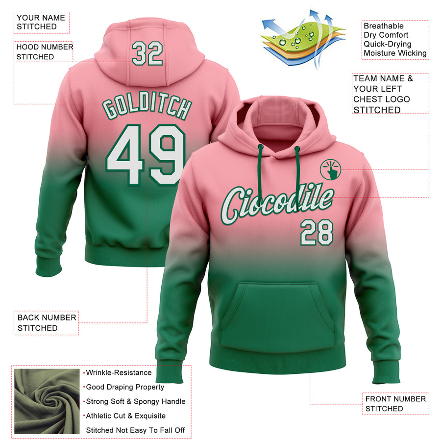 Custom Stitched Medium Pink White-Kelly Green Fade Fashion Sports Pullover Sweatshirt Hoodie