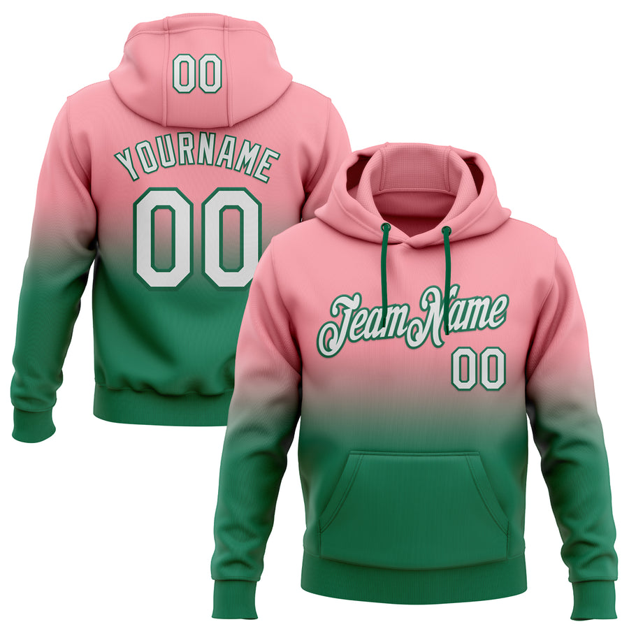 Custom Stitched Medium Pink White-Kelly Green Fade Fashion Sports Pullover Sweatshirt Hoodie