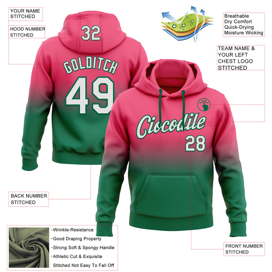 Custom Stitched Neon Pink White-Kelly Green Fade Fashion Sports Pullover Sweatshirt Hoodie