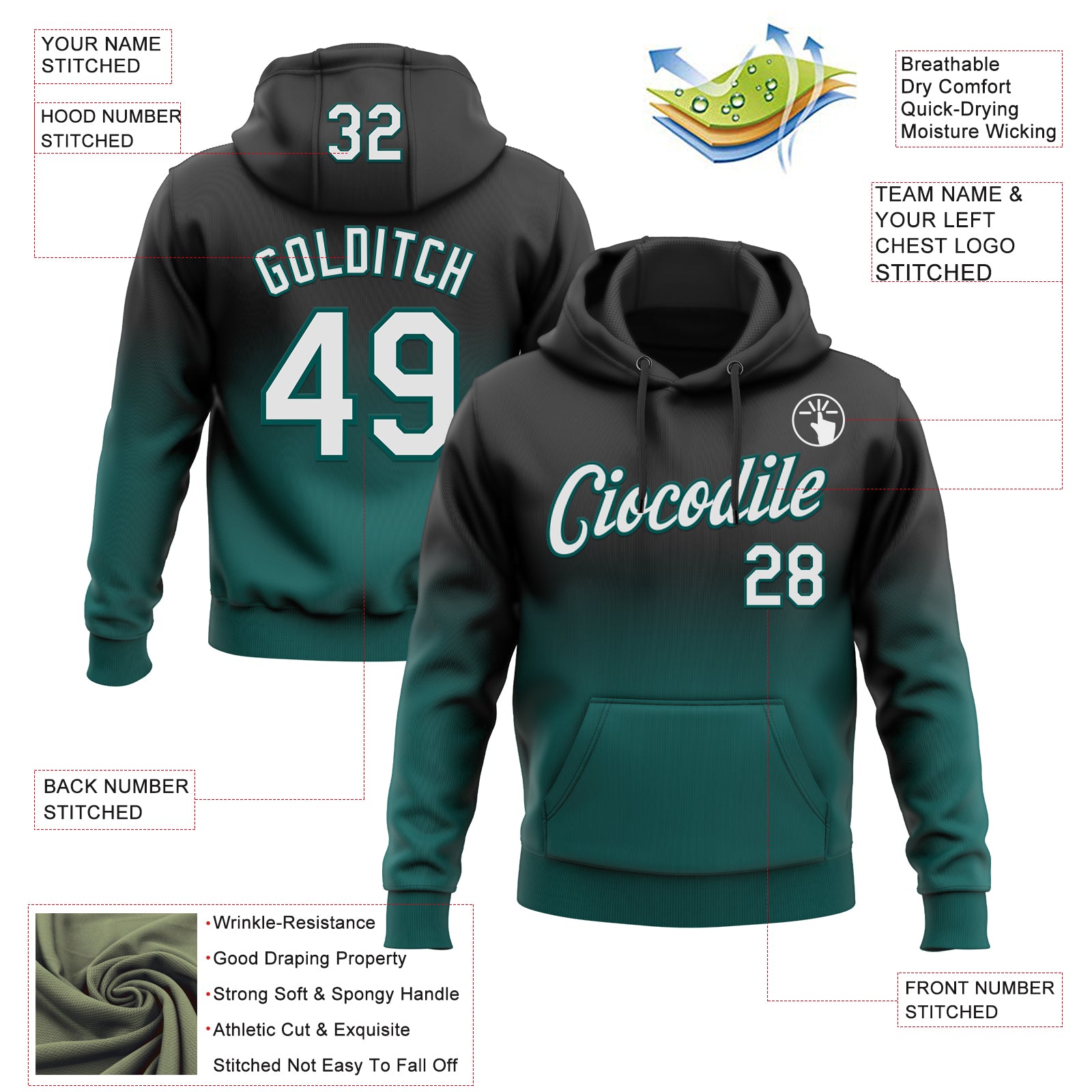 Custom Stitched Black White-Midnight Green Fade Fashion Sports Pullover Sweatshirt Hoodie