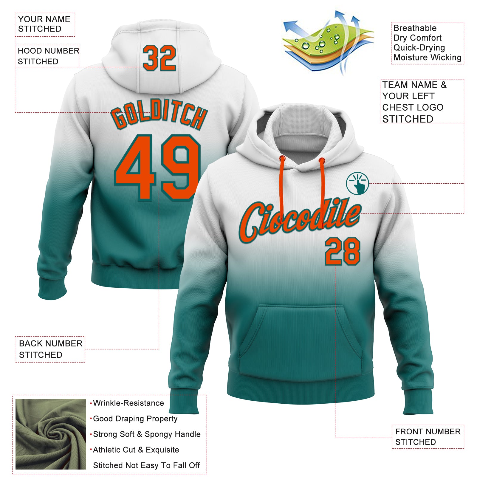 Custom Stitched White Orange-Teal Fade Fashion Sports Pullover Sweatshirt Hoodie