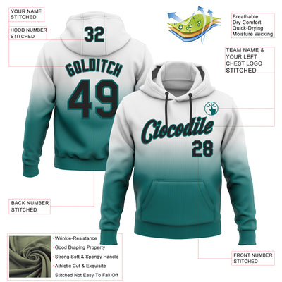 Custom Stitched White Black-Teal Fade Fashion Sports Pullover Sweatshirt Hoodie