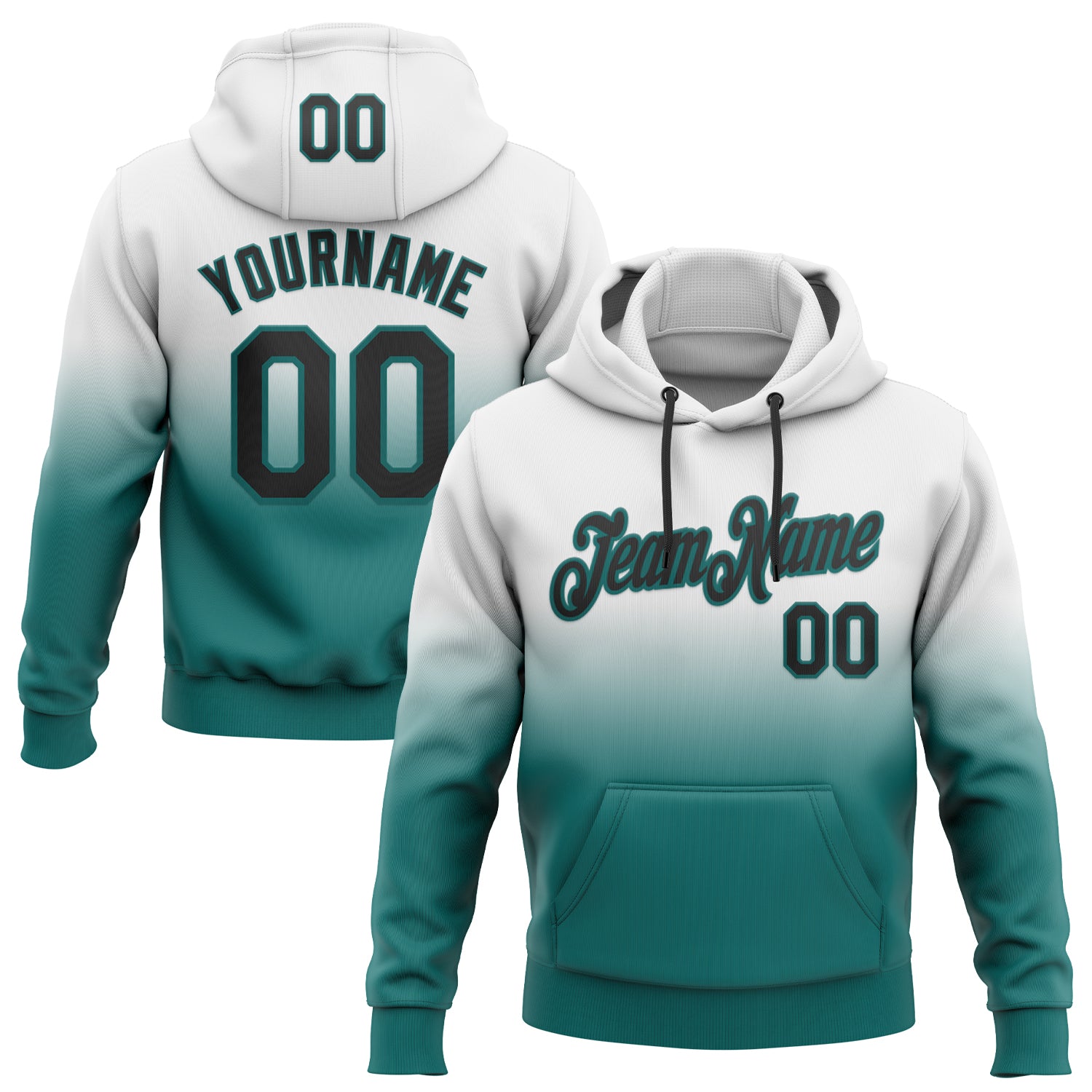 Custom Stitched White Black-Teal Fade Fashion Sports Pullover Sweatshirt Hoodie
