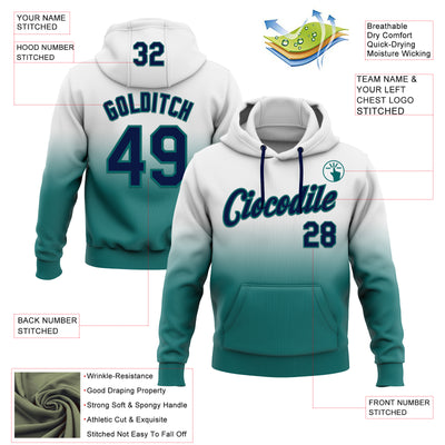 Custom Stitched White Navy-Teal Fade Fashion Sports Pullover Sweatshirt Hoodie