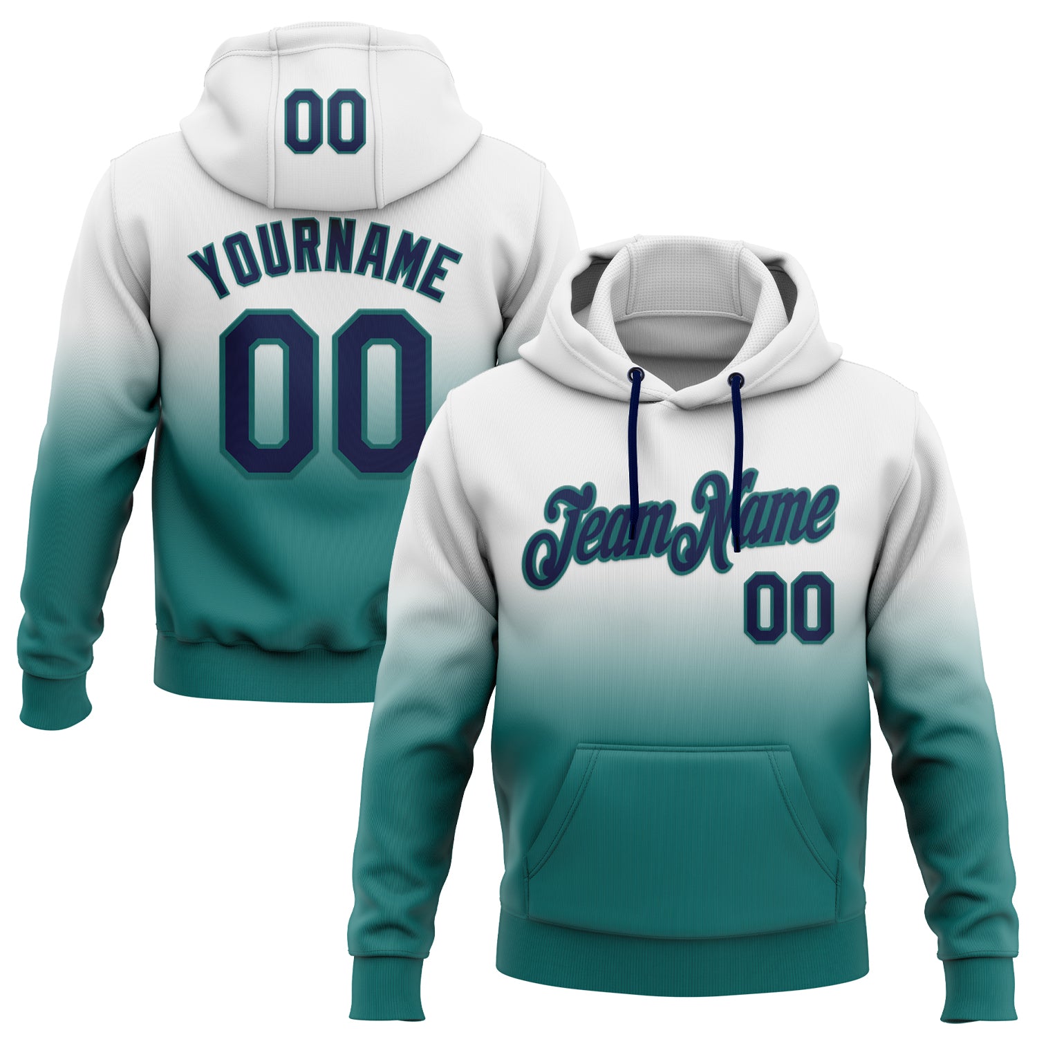 Custom Stitched White Navy-Teal Fade Fashion Sports Pullover Sweatshirt Hoodie