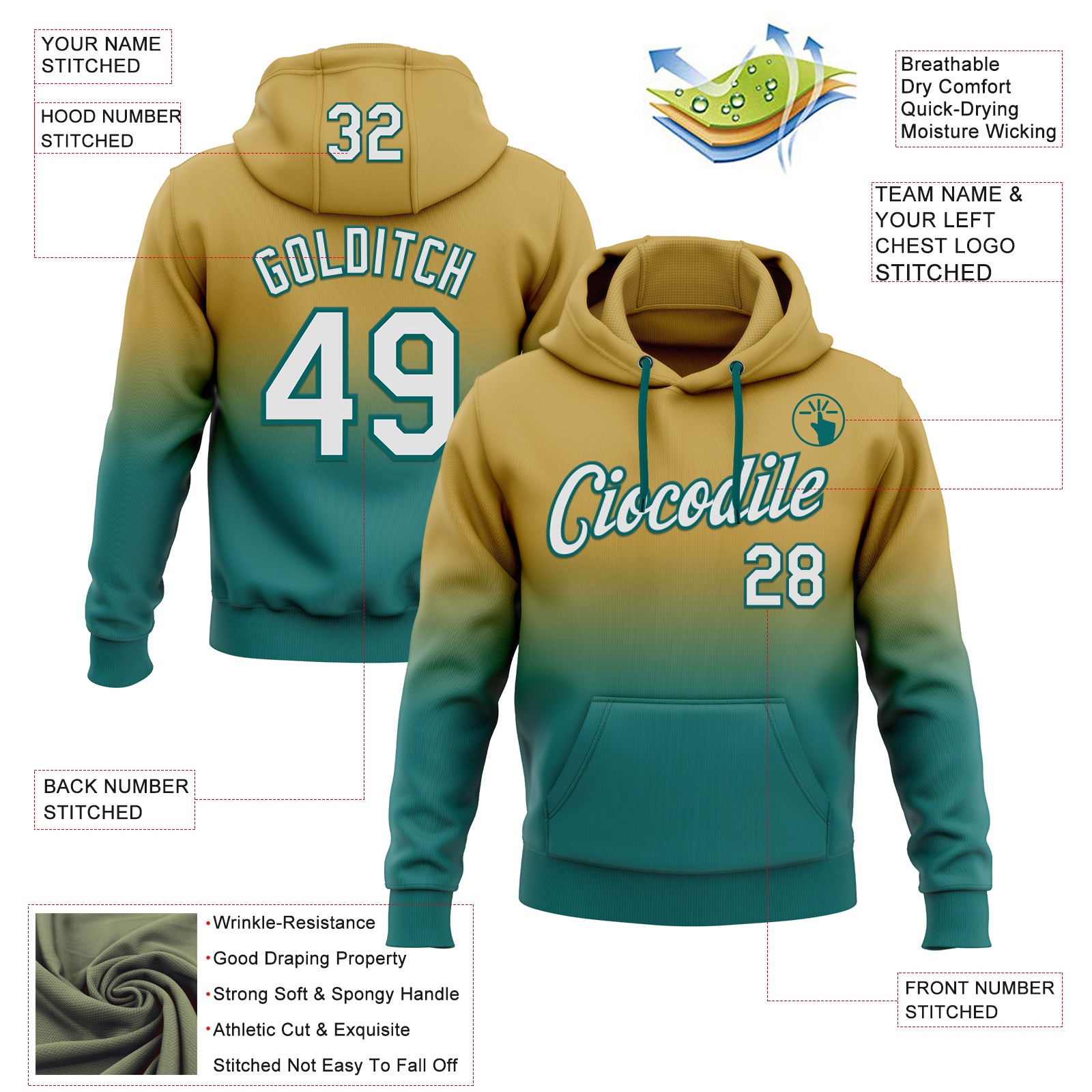 Custom Stitched Old Gold White-Teal Fade Fashion Sports Pullover Sweatshirt Hoodie