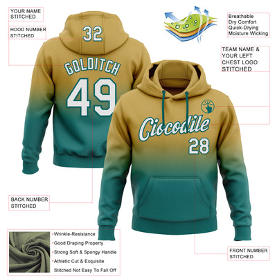 Custom Stitched Old Gold White-Teal Fade Fashion Sports Pullover Sweatshirt Hoodie