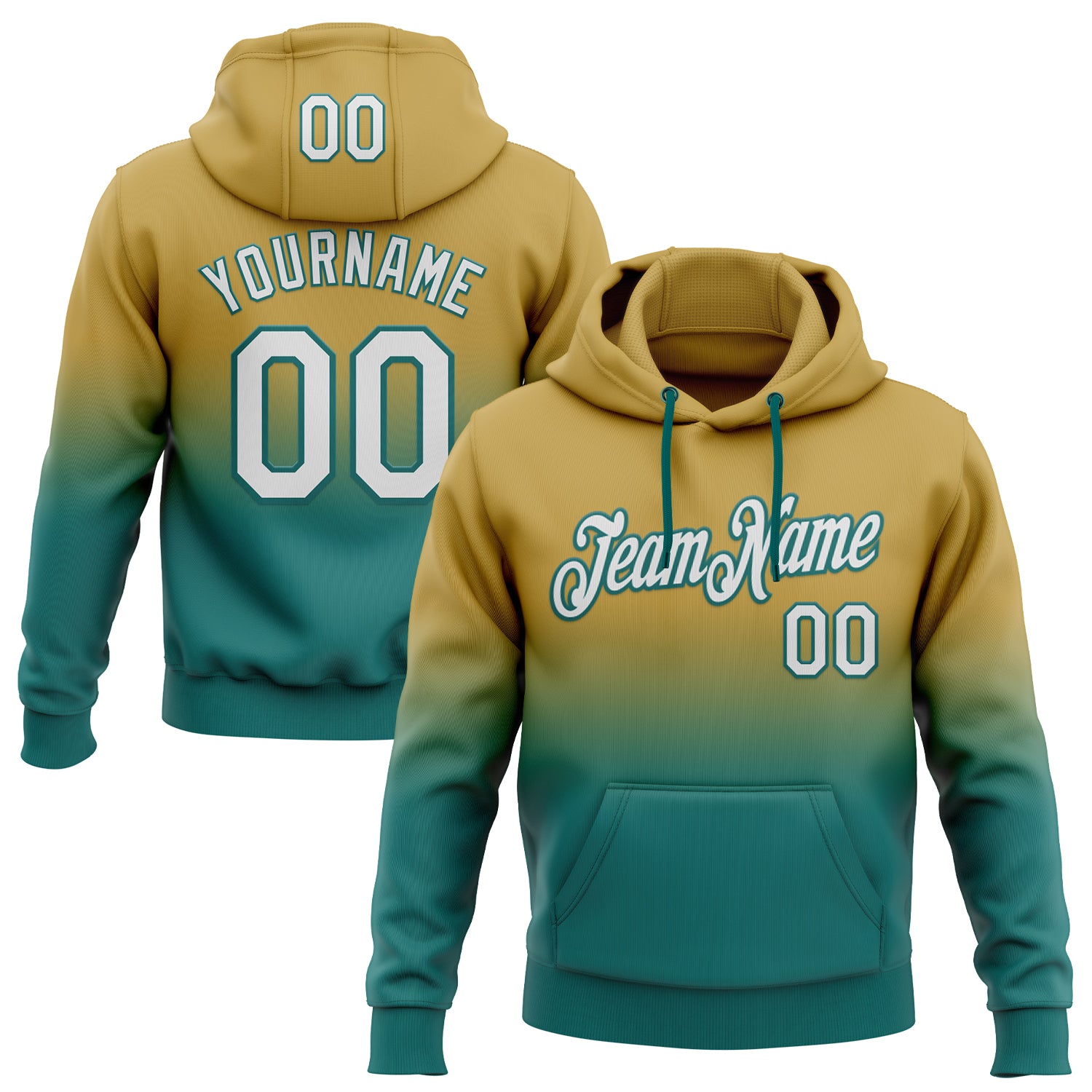 Custom Stitched Old Gold White-Teal Fade Fashion Sports Pullover Sweatshirt Hoodie