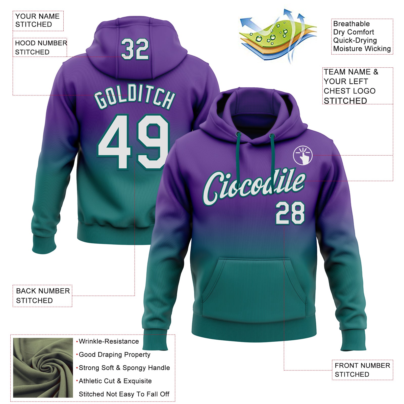 Custom Stitched Purple White-Teal Fade Fashion Sports Pullover Sweatshirt Hoodie