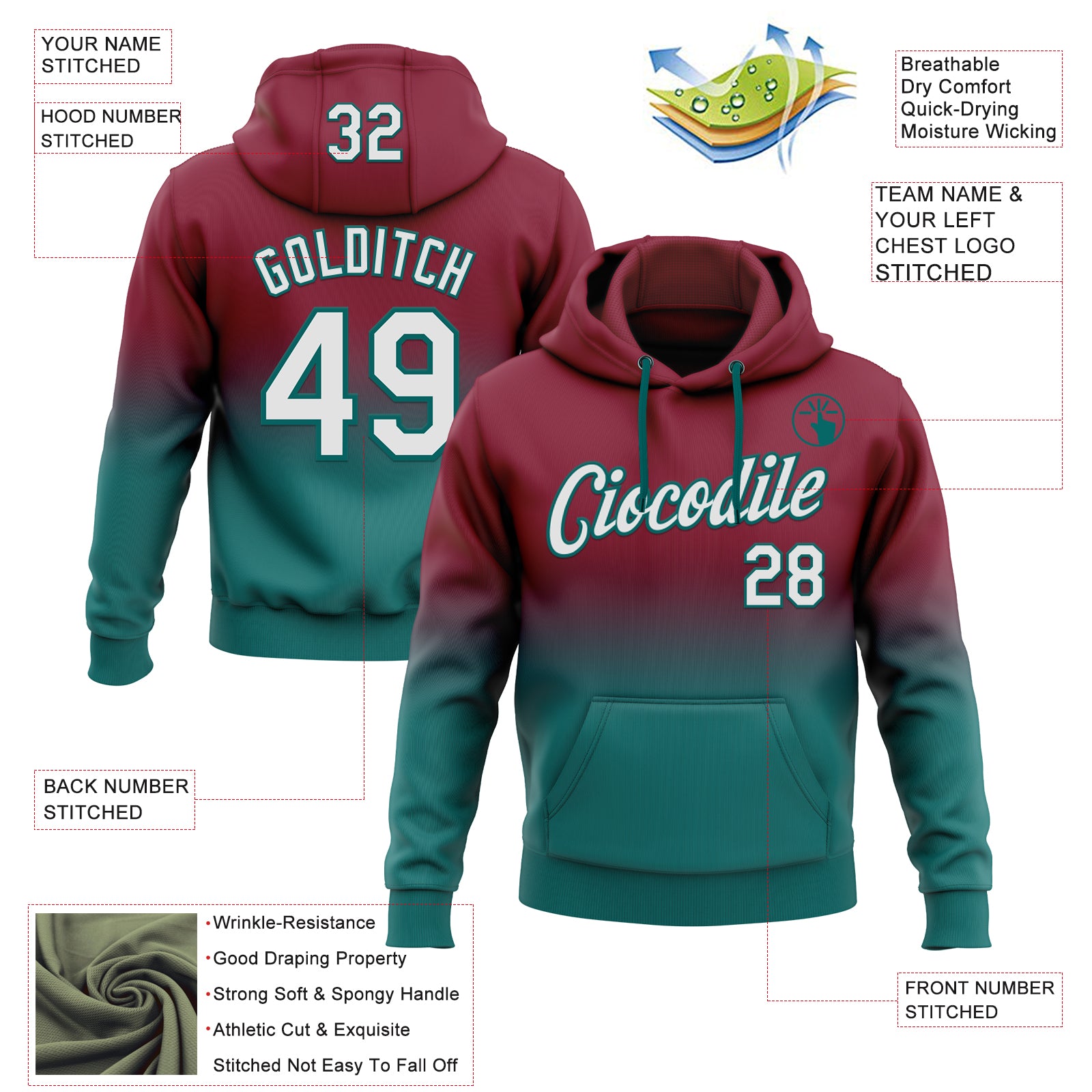 Custom Stitched Crimson White-Teal Fade Fashion Sports Pullover Sweatshirt Hoodie