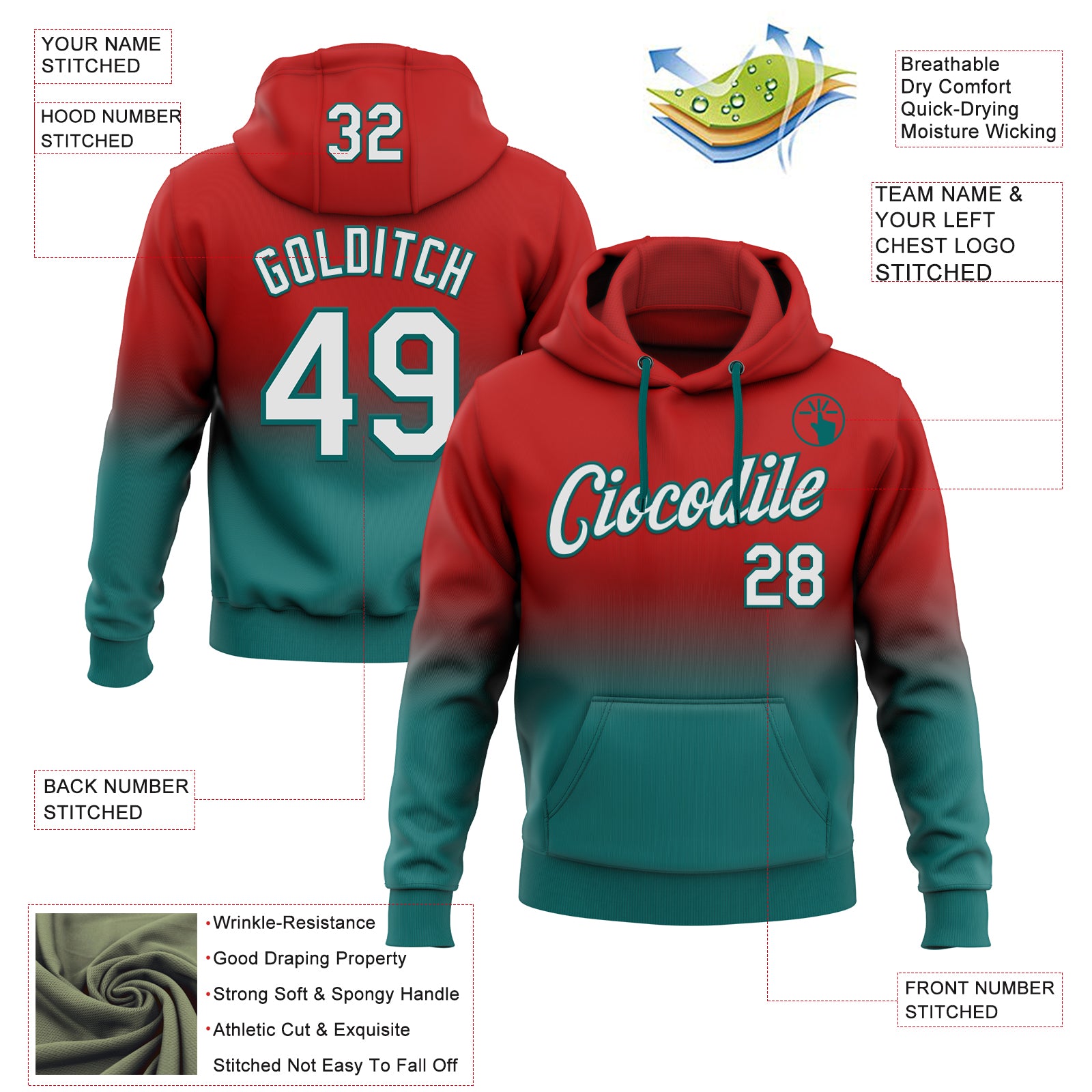 Custom Stitched Red White-Teal Fade Fashion Sports Pullover Sweatshirt Hoodie
