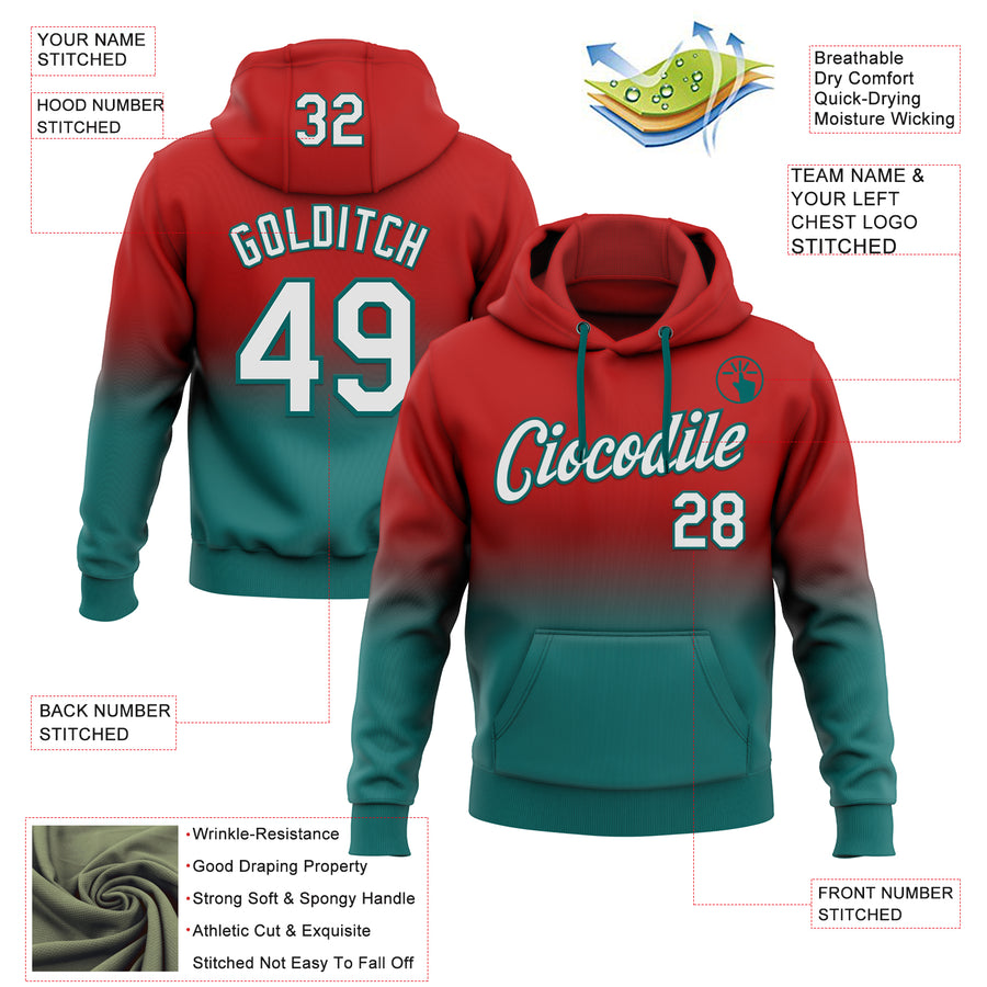 Custom Stitched Red White-Teal Fade Fashion Sports Pullover Sweatshirt Hoodie