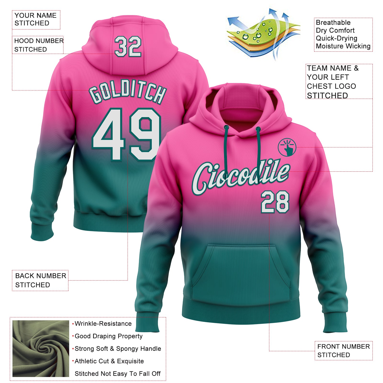Custom Stitched Pink White-Teal Fade Fashion Sports Pullover Sweatshirt Hoodie
