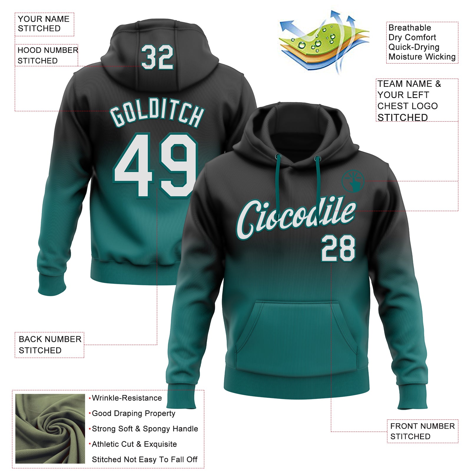 Custom Stitched Black White-Teal Fade Fashion Sports Pullover Sweatshirt Hoodie