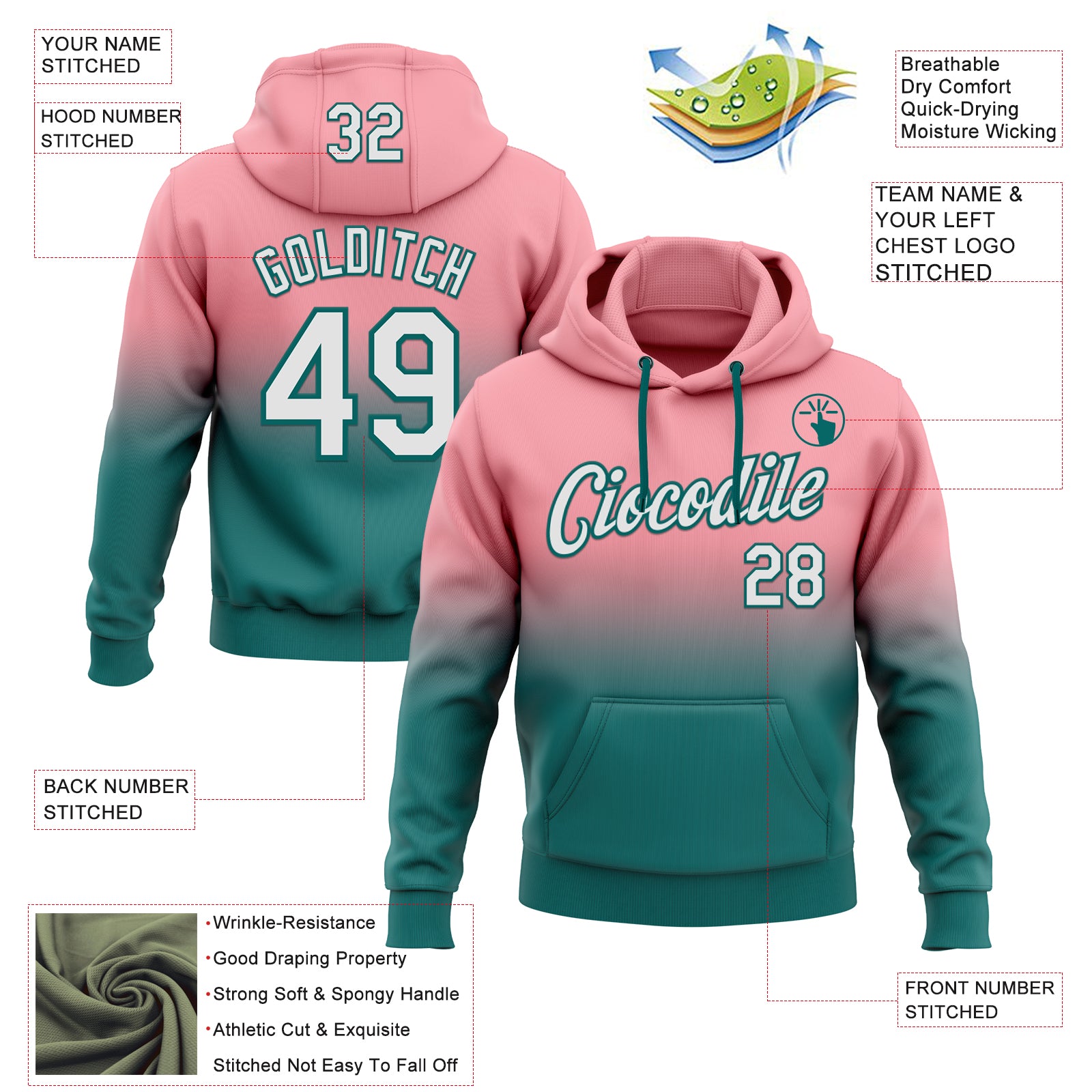 Custom Stitched Medium Pink White-Teal Fade Fashion Sports Pullover Sweatshirt Hoodie