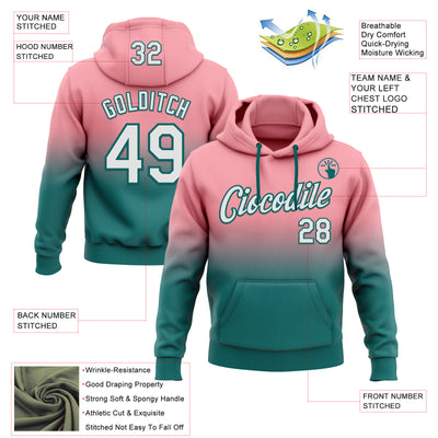 Custom Stitched Medium Pink White-Teal Fade Fashion Sports Pullover Sweatshirt Hoodie