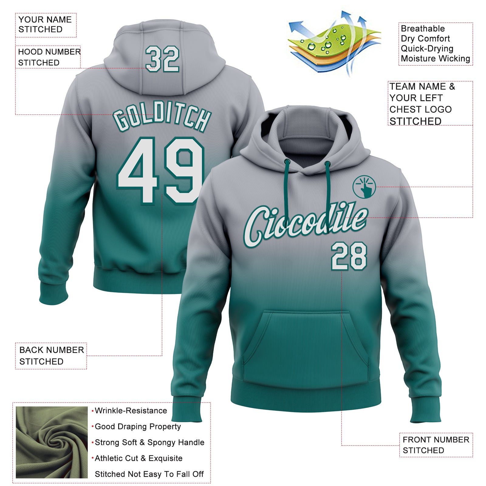 Custom Stitched Gray White-Teal Fade Fashion Sports Pullover Sweatshirt Hoodie