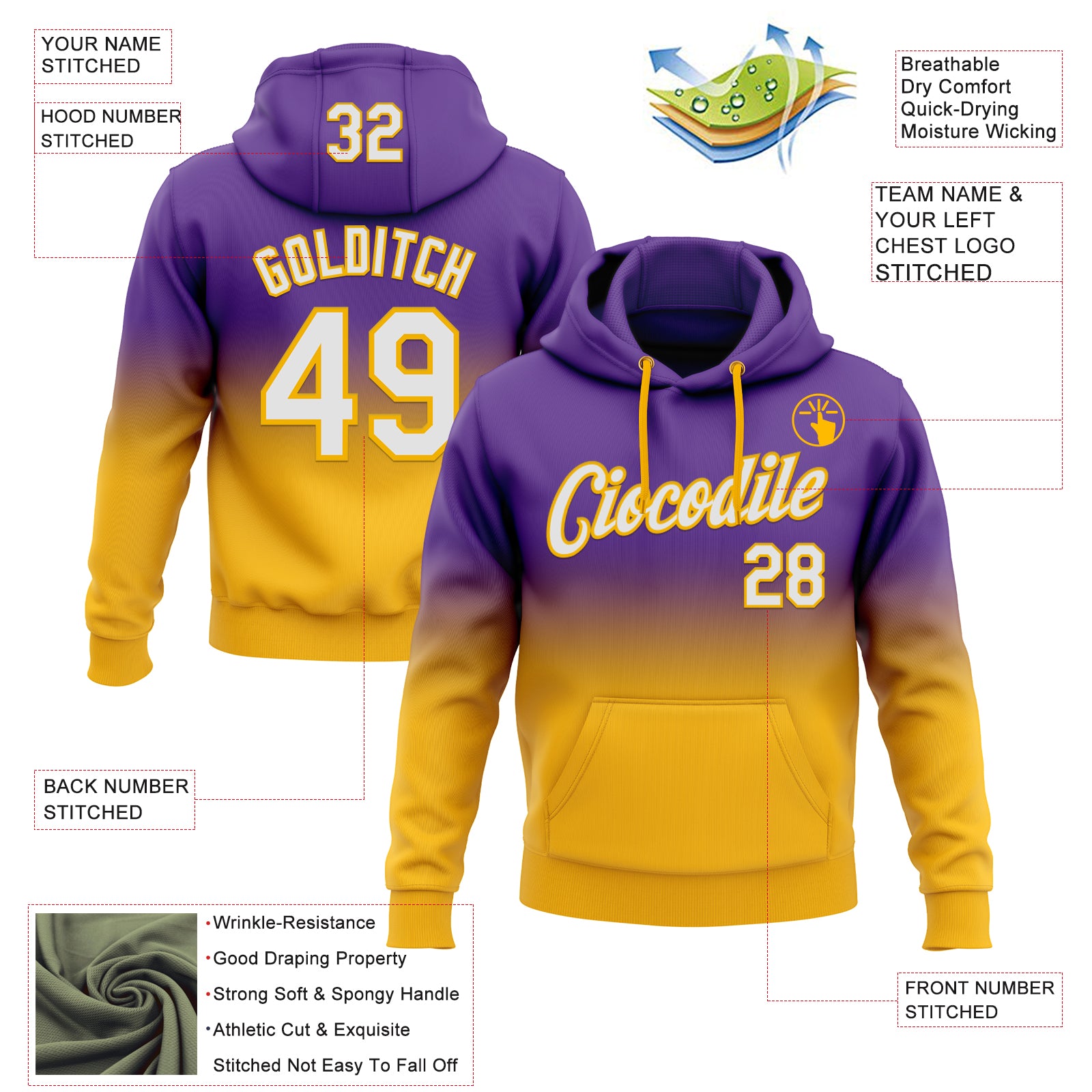 Custom Stitched Purple White-Gold Fade Fashion Sports Pullover Sweatshirt Hoodie