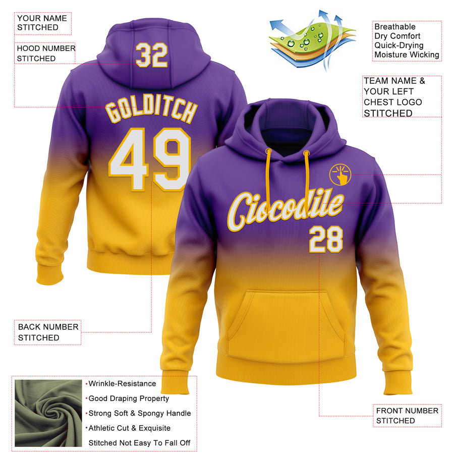 Custom Stitched Purple White-Gold Fade Fashion Sports Pullover Sweatshirt Hoodie