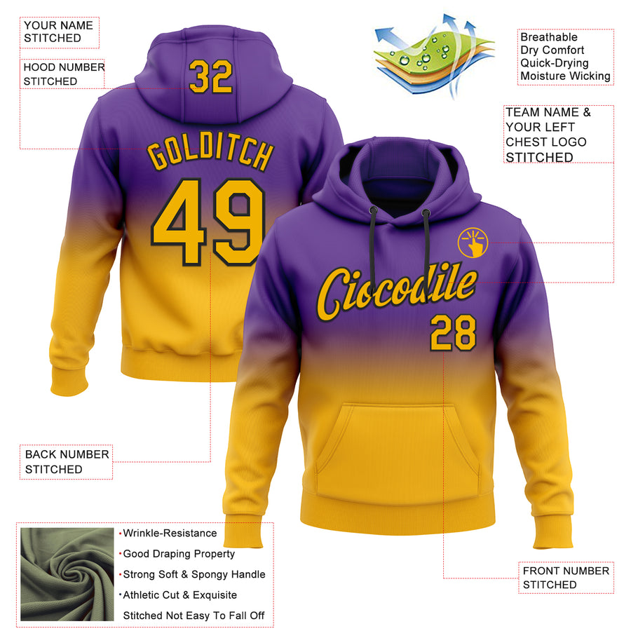 Custom Stitched Purple Gold-Black Fade Fashion Sports Pullover Sweatshirt Hoodie